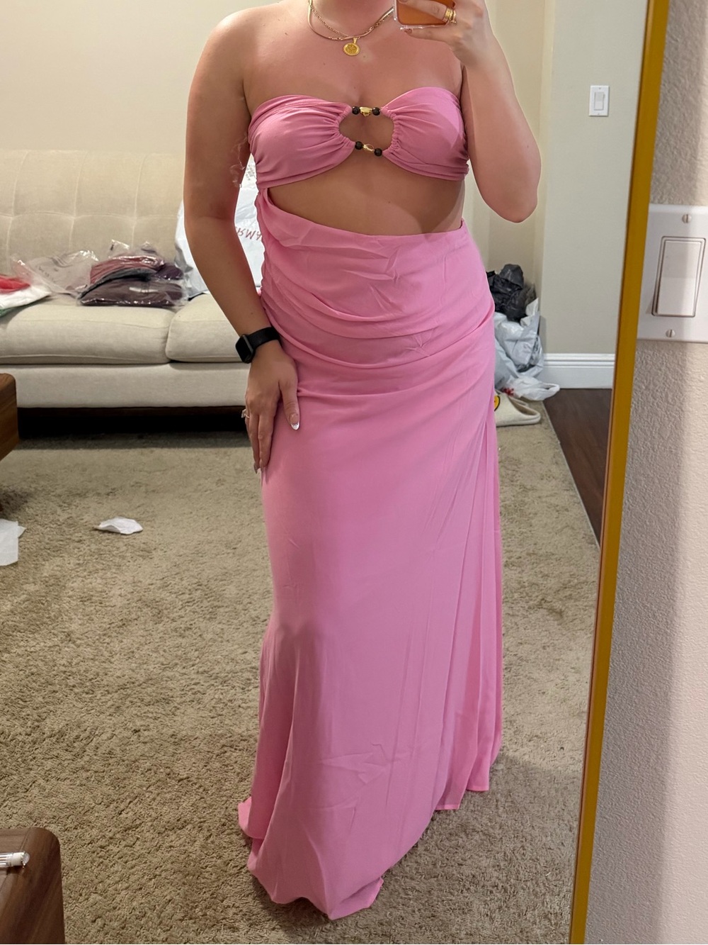 Peppermayo chiffon bubblegum pink cut out maxi dress